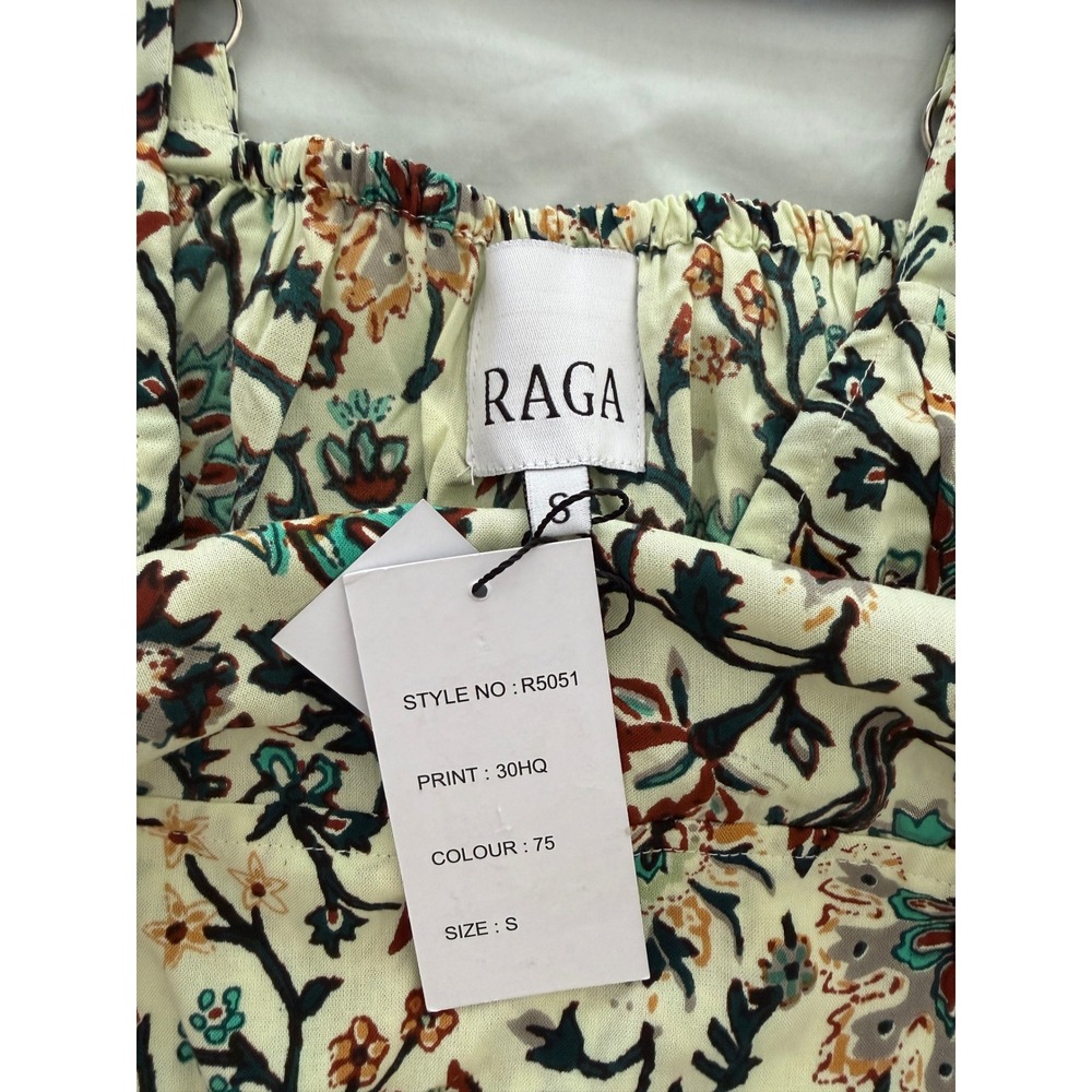 Raga Deema Midi Dress Green Floral Block Print Smocked Back V-Neck Boho - Picture 5 of 8